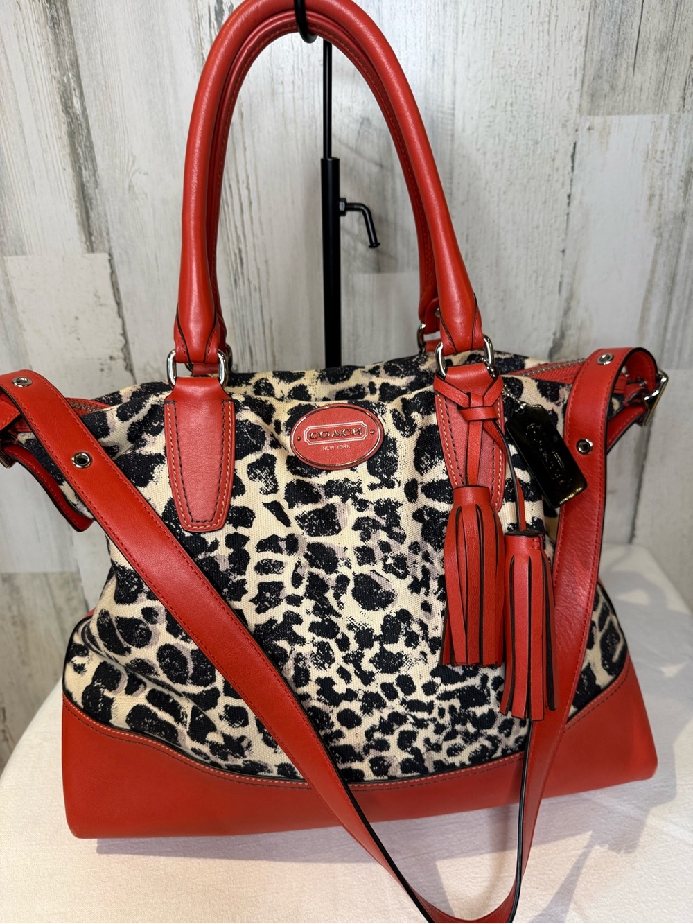 Coach Rory Red Leather and Ocelot Print Shoulder/Crossbody Bag 12’ 19988